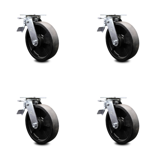 8 Inch Glass Filled Nylon Caster Set with Ball Bearings and Total Lock Brakes